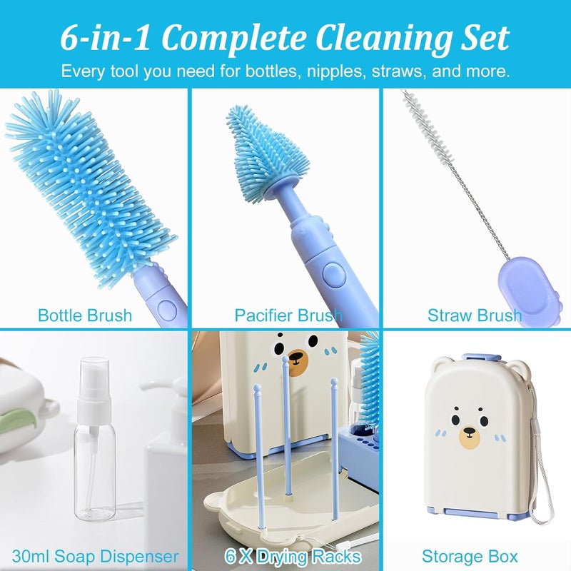 Detsuk Blue Travel Bottle Cleaner Kit with Drying Rack – 6-in-1 Baby Bottle Washer & Silicone Brush Set for Pump Parts, Nipples & Straws – Portable Baby Travel Essential in Compact Case - Image 5